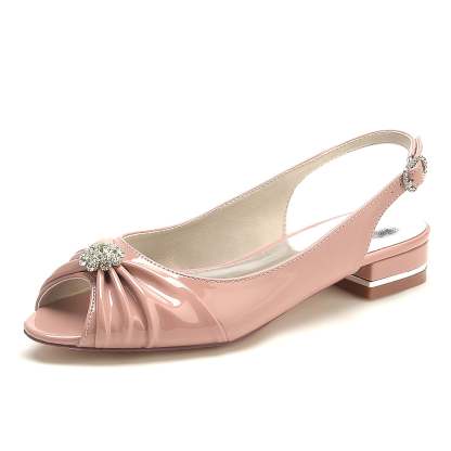 Bridal Shoes for Women with Crystal Flower and Buckle - Patent Leather Low Peep Toe