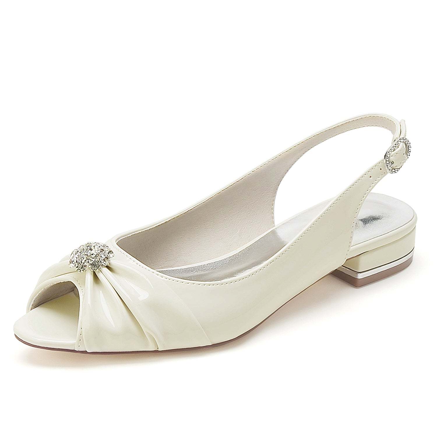 Bridal Shoes for Women with Crystal Flower and Buckle - Patent Leather Low Peep Toe