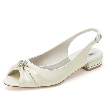 Bridal Shoes for Women with Crystal Flower and Buckle - Patent Leather Low Peep Toe