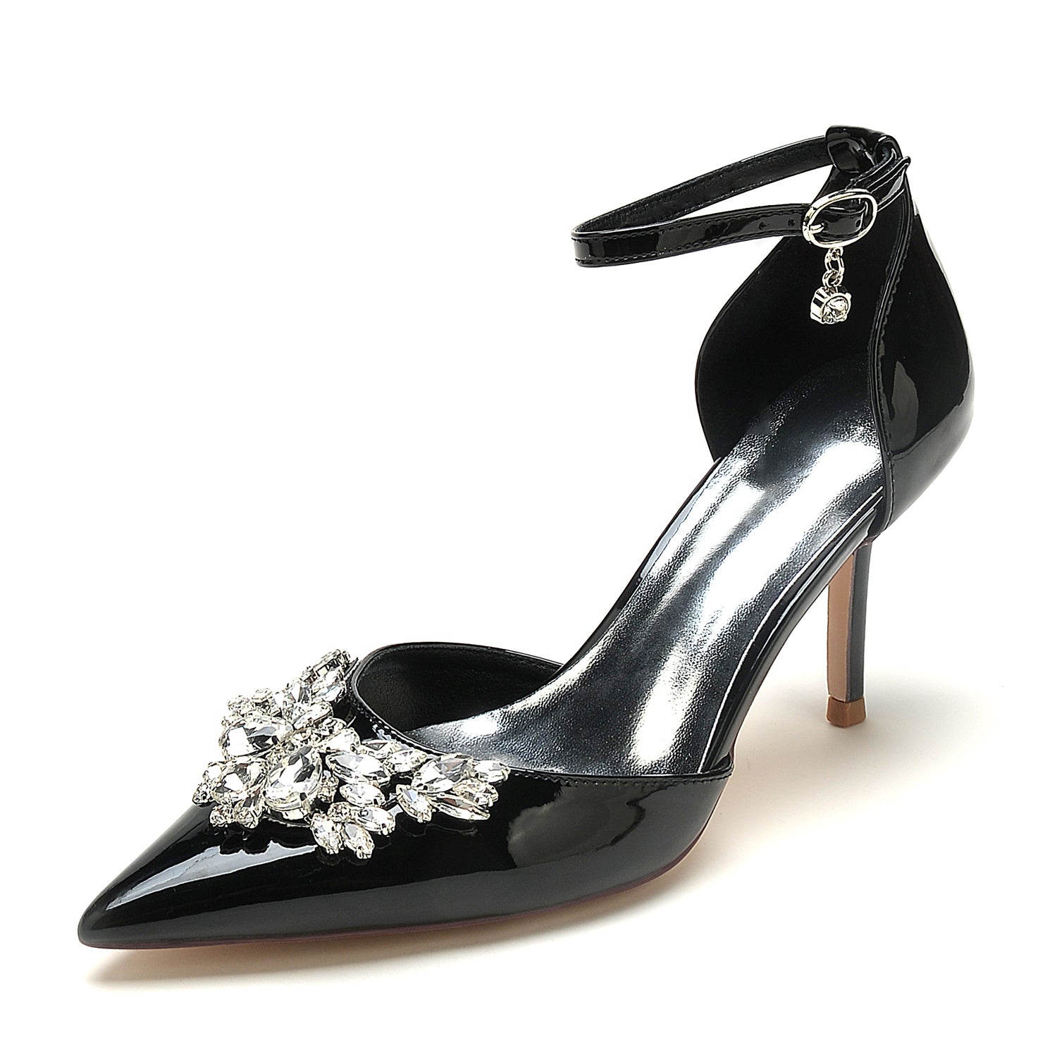 Bridal Stiletto Shoes for Women with Patent Leather and Crystal Buckle