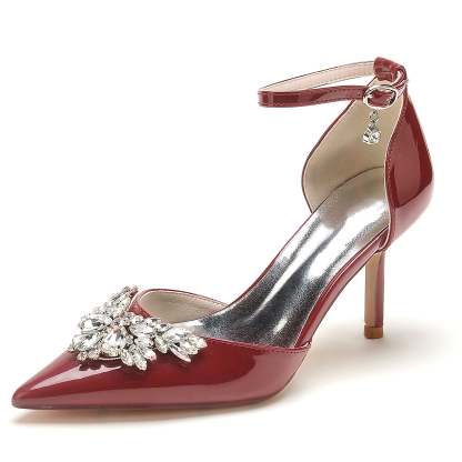 Bridal Stiletto Shoes for Women with Patent Leather and Crystal Buckle
