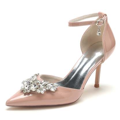 Bridal Stiletto Shoes for Women with Patent Leather and Crystal Buckle
