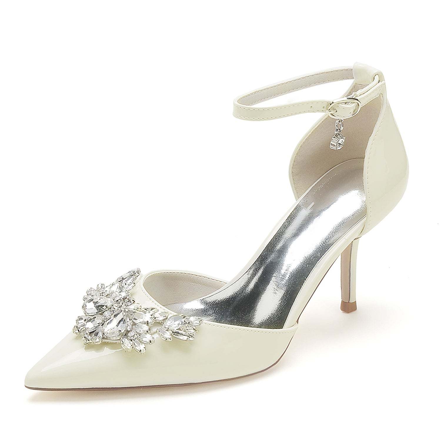 Bridal Stiletto Shoes for Women with Patent Leather and Crystal Buckle