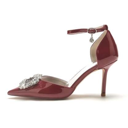 Bridal Stiletto Shoes for Women with Pointed Toe and Square Crystal in Patent Leather