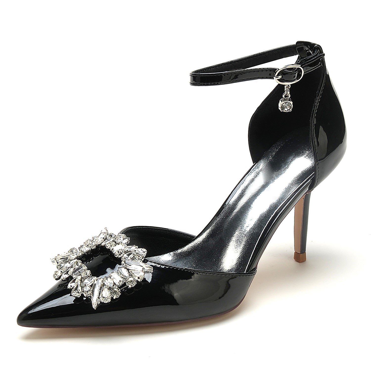 Bridal Stiletto Shoes for Women with Pointed Toe and Square Crystal in Patent Leather