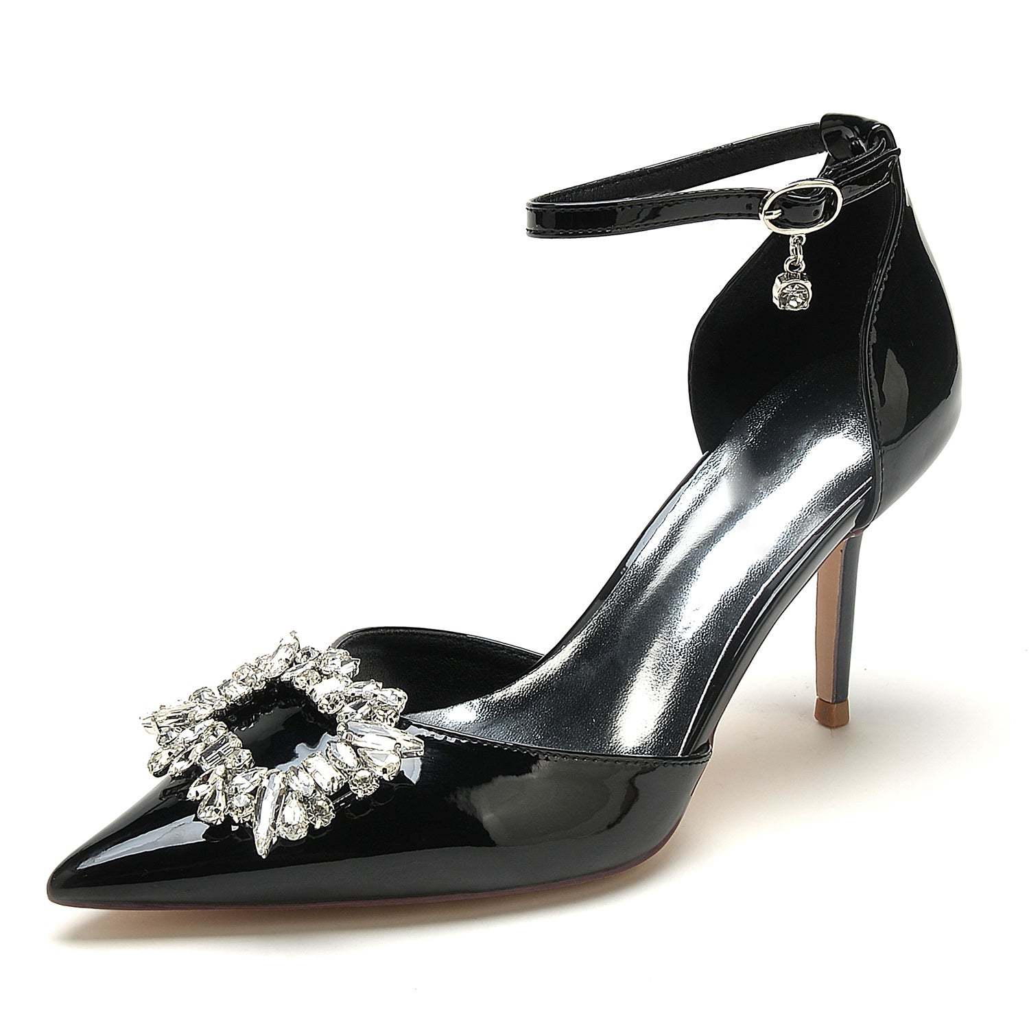 Bridal Stiletto Shoes for Women with Pointed Toe and Square Crystal in Patent Leather