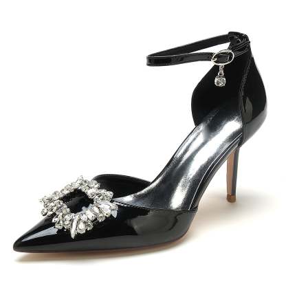 Bridal Stiletto Shoes for Women with Pointed Toe and Square Crystal in Patent Leather