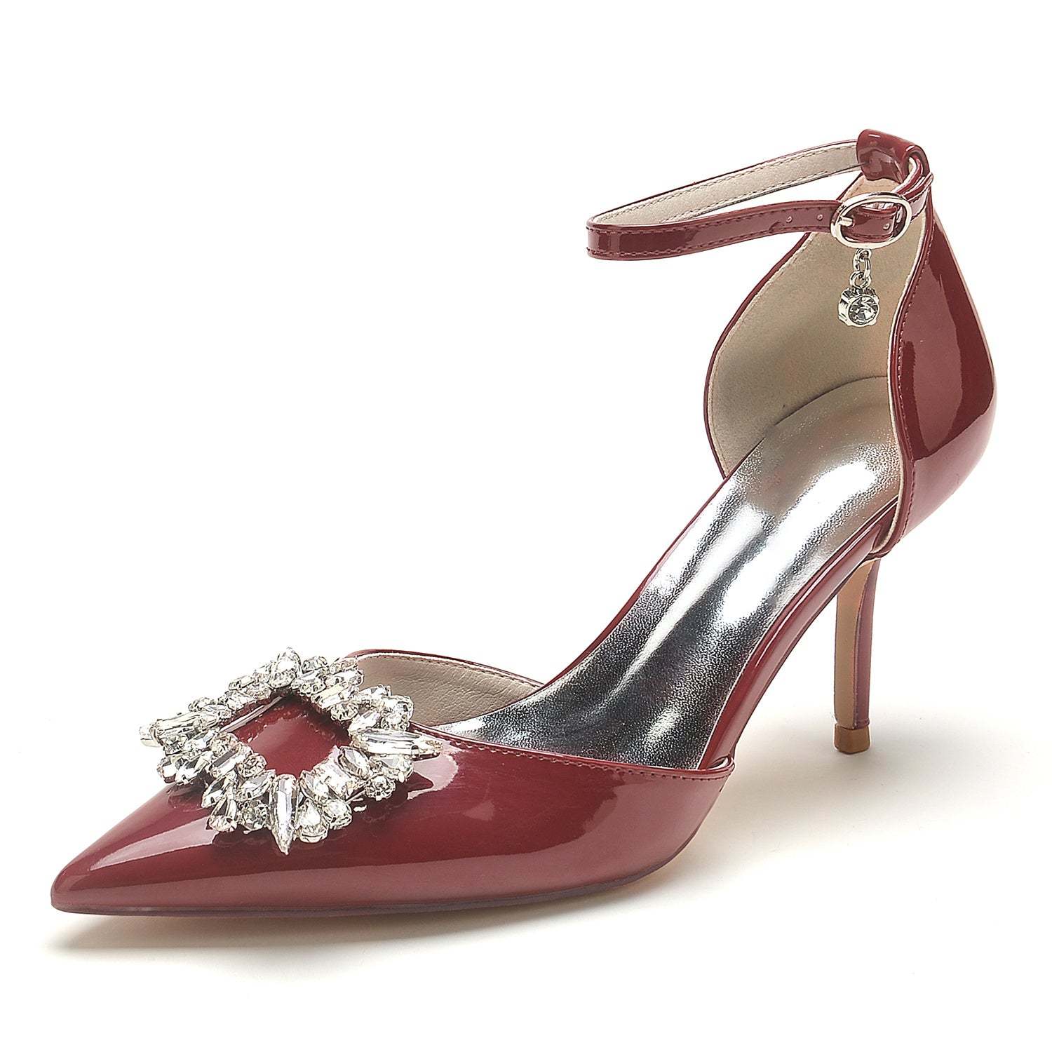 Bridal Stiletto Shoes for Women with Pointed Toe and Square Crystal in Patent Leather