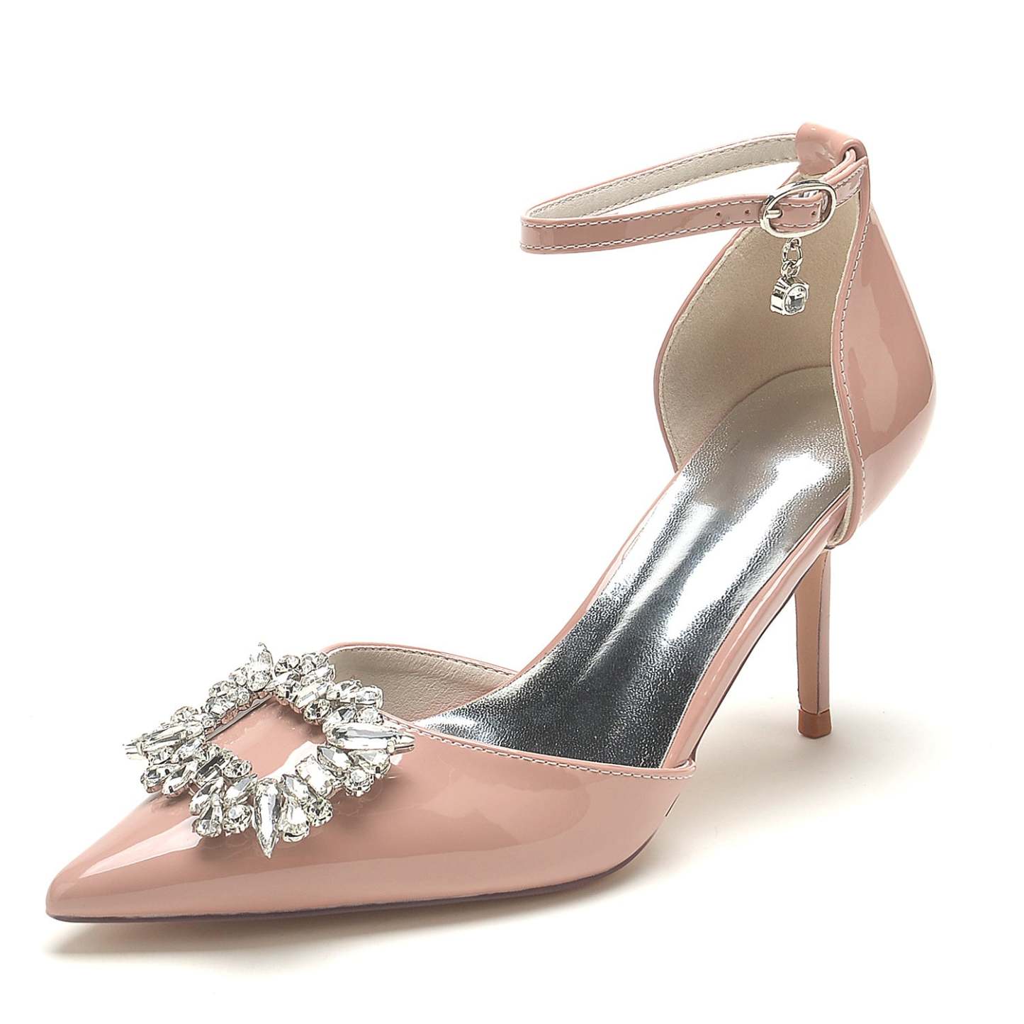 Bridal Stiletto Shoes for Women with Pointed Toe and Square Crystal in Patent Leather