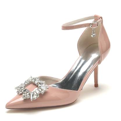 Bridal Stiletto Shoes for Women with Pointed Toe and Square Crystal in Patent Leather
