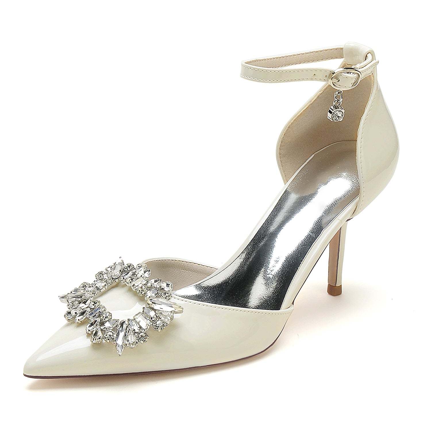 Bridal Stiletto Shoes for Women with Pointed Toe and Square Crystal in Patent Leather