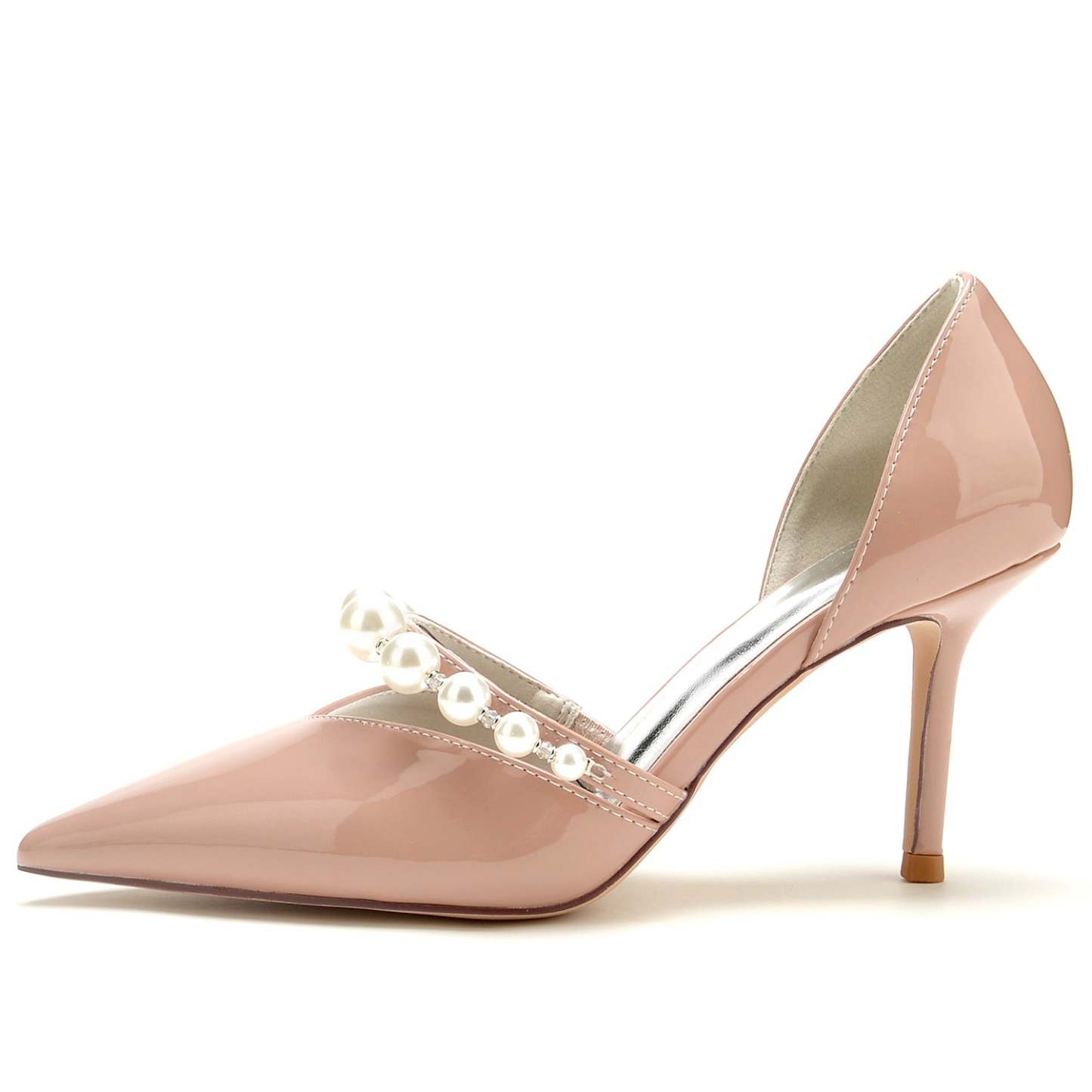 Bridal Stiletto Shoes for Women with Pearl Accents and Pointed Toe in Patent Leather