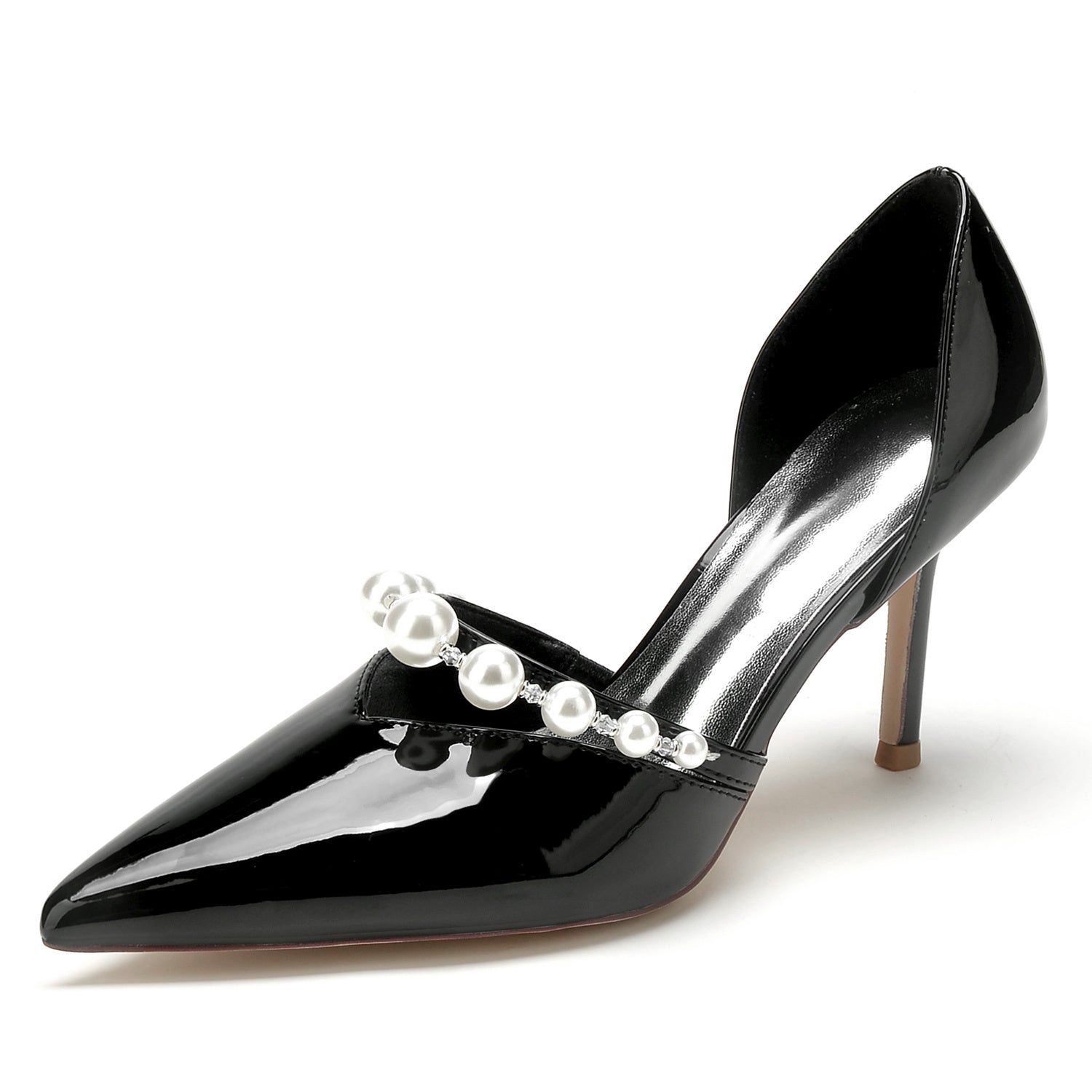 Bridal Stiletto Shoes for Women with Pearl Accents and Pointed Toe in Patent Leather