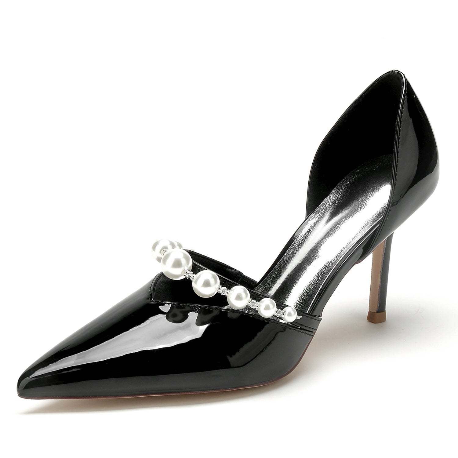 Bridal Stiletto Shoes for Women with Pearl Accents and Pointed Toe in Patent Leather