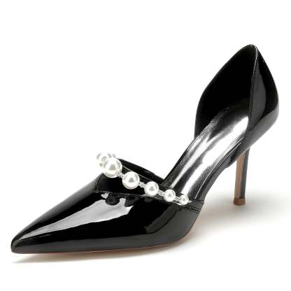Bridal Stiletto Shoes for Women with Pearl Accents and Pointed Toe in Patent Leather