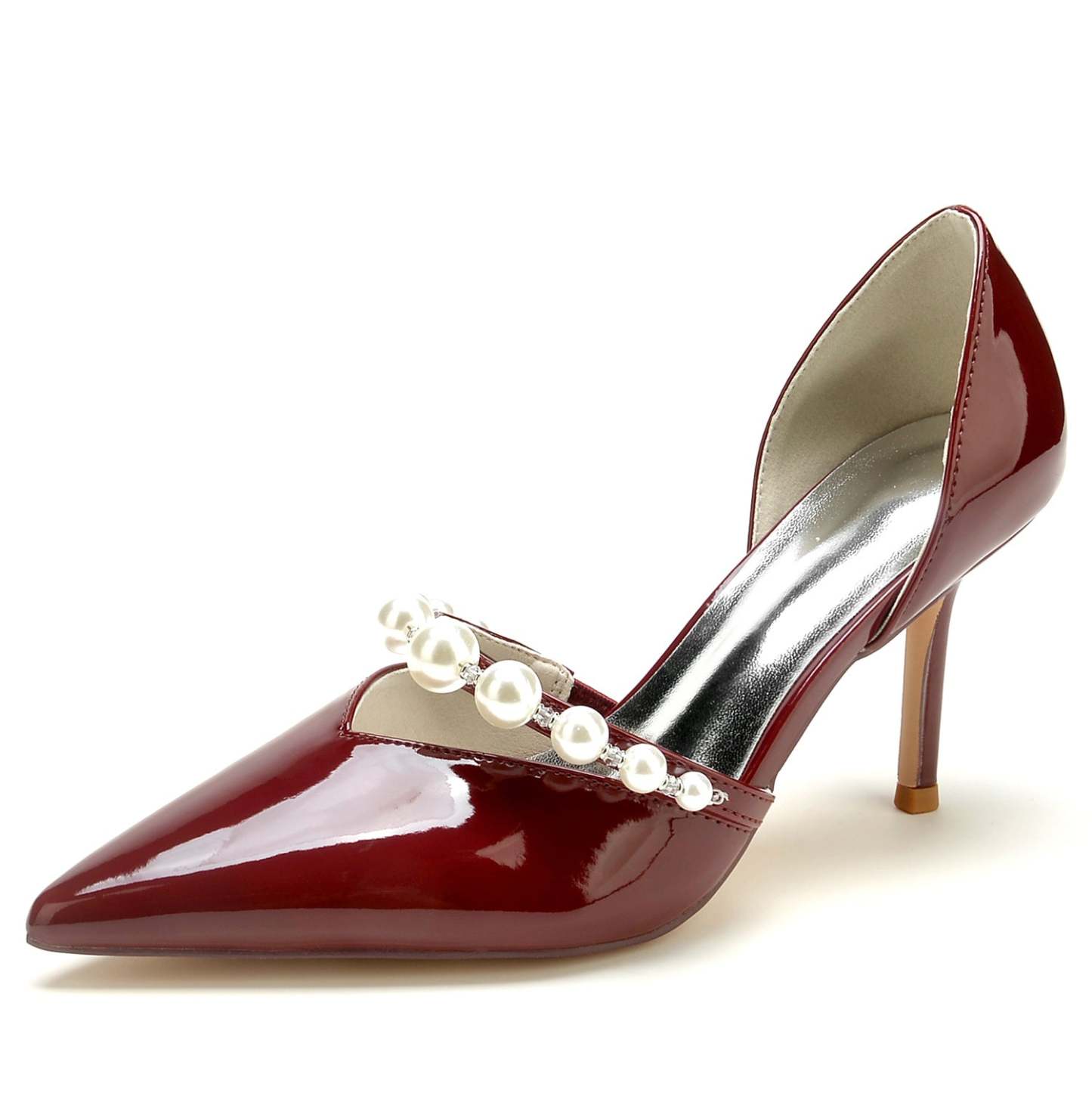 Bridal Stiletto Shoes for Women with Pearl Accents and Pointed Toe in Patent Leather