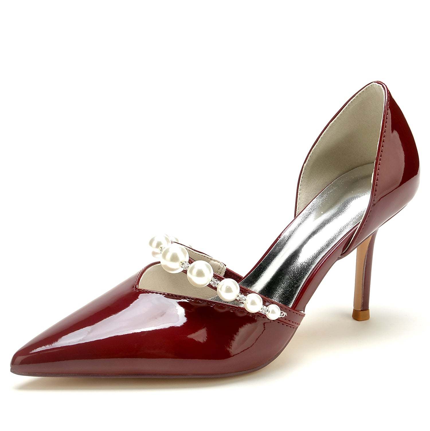 Bridal Stiletto Shoes for Women with Pearl Accents and Pointed Toe in Patent Leather