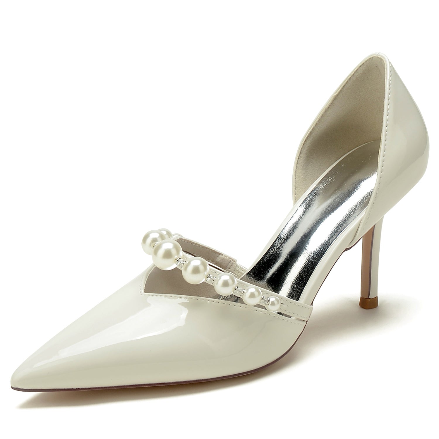 Bridal Stiletto Shoes for Women with Pearl Accents and Pointed Toe in Patent Leather