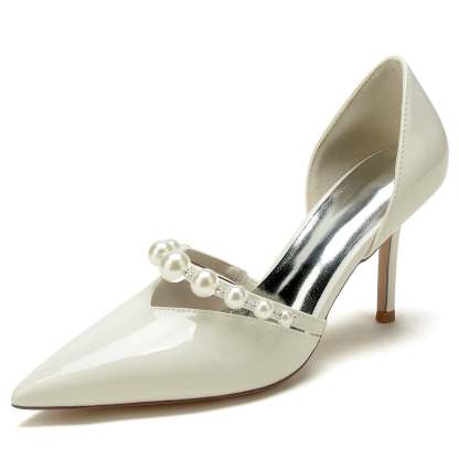 Bridal Stiletto Shoes for Women with Pearl Accents and Pointed Toe in Patent Leather