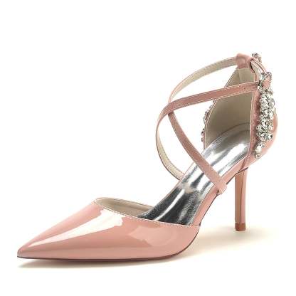 Bridal Stiletto Shoes for Women with Rhinestones and Patent Leather in Pointed Toe