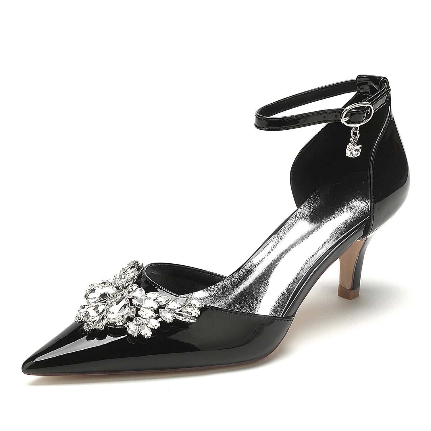 Bridal Shoes for Women with Crystal Buckle and Pointed Toe in Patent Leather