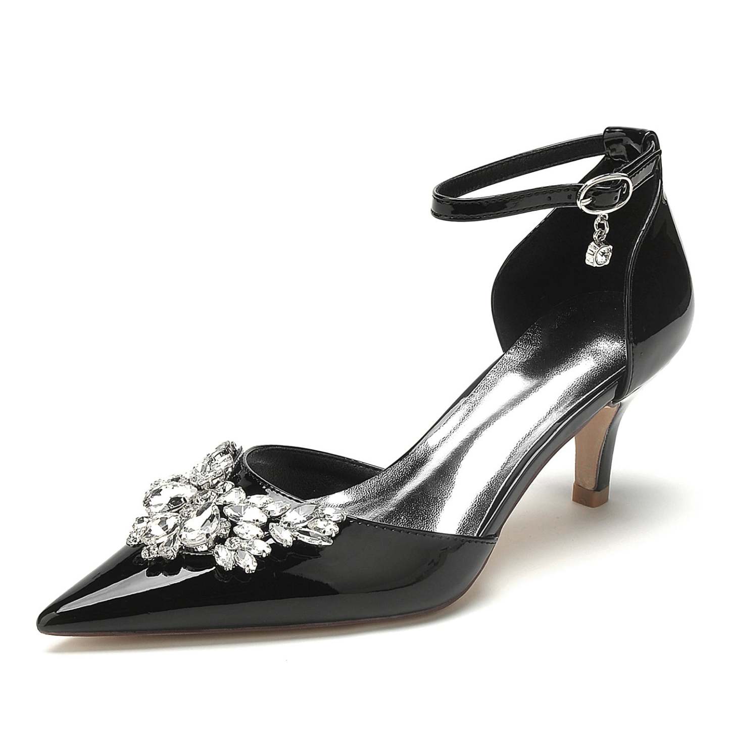 Bridal Shoes for Women with Crystal Buckle and Pointed Toe in Patent Leather