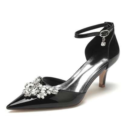 Bridal Shoes for Women with Crystal Buckle and Pointed Toe in Patent Leather