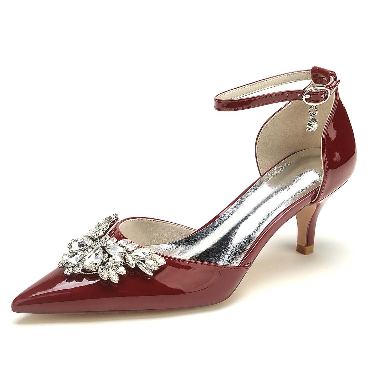 Bridal Shoes for Women with Crystal Buckle and Pointed Toe in Patent Leather