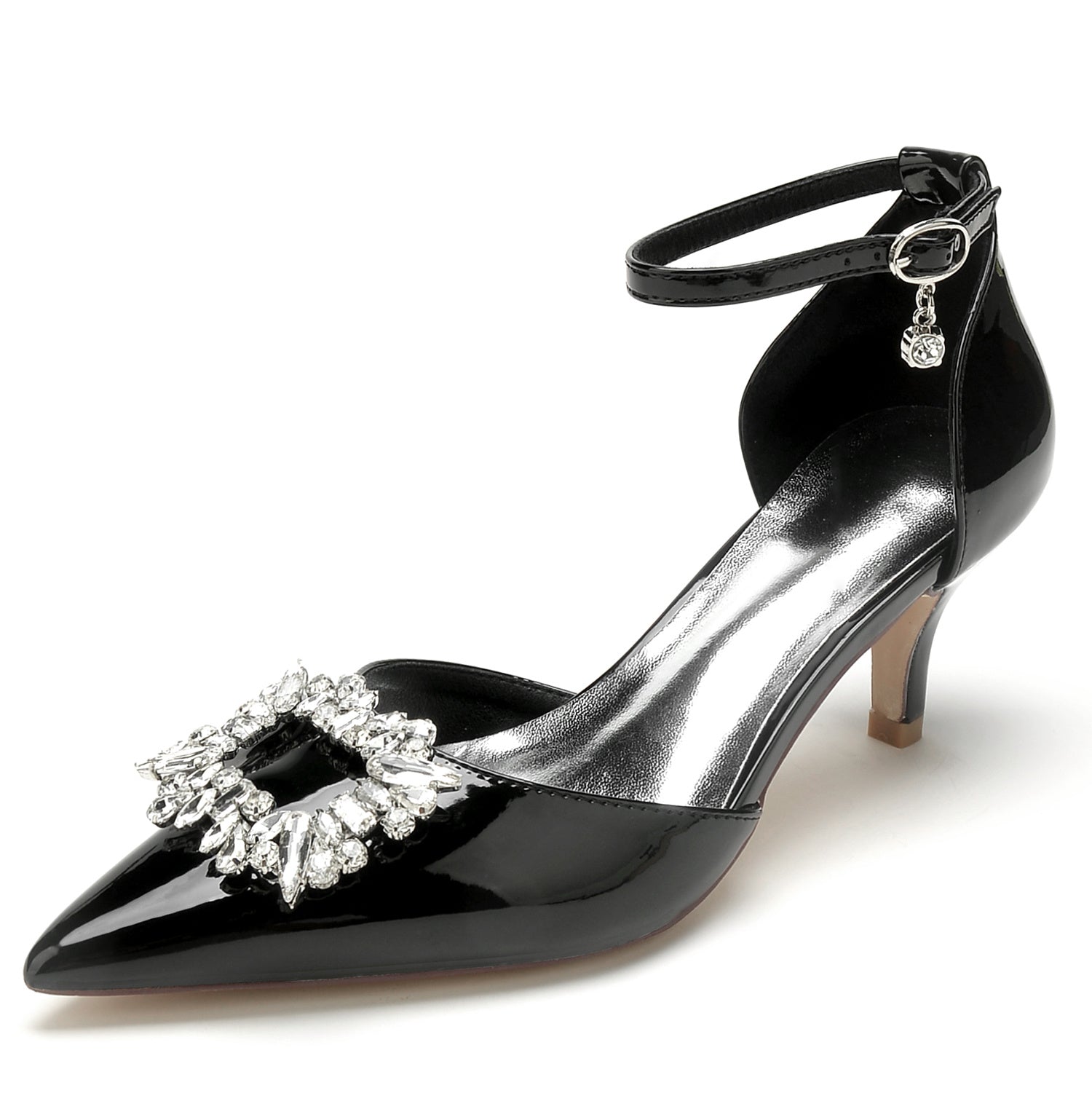 Bridal Shoes for Women with Square Rhinestone Mid Pointed Toe in Patent Leather