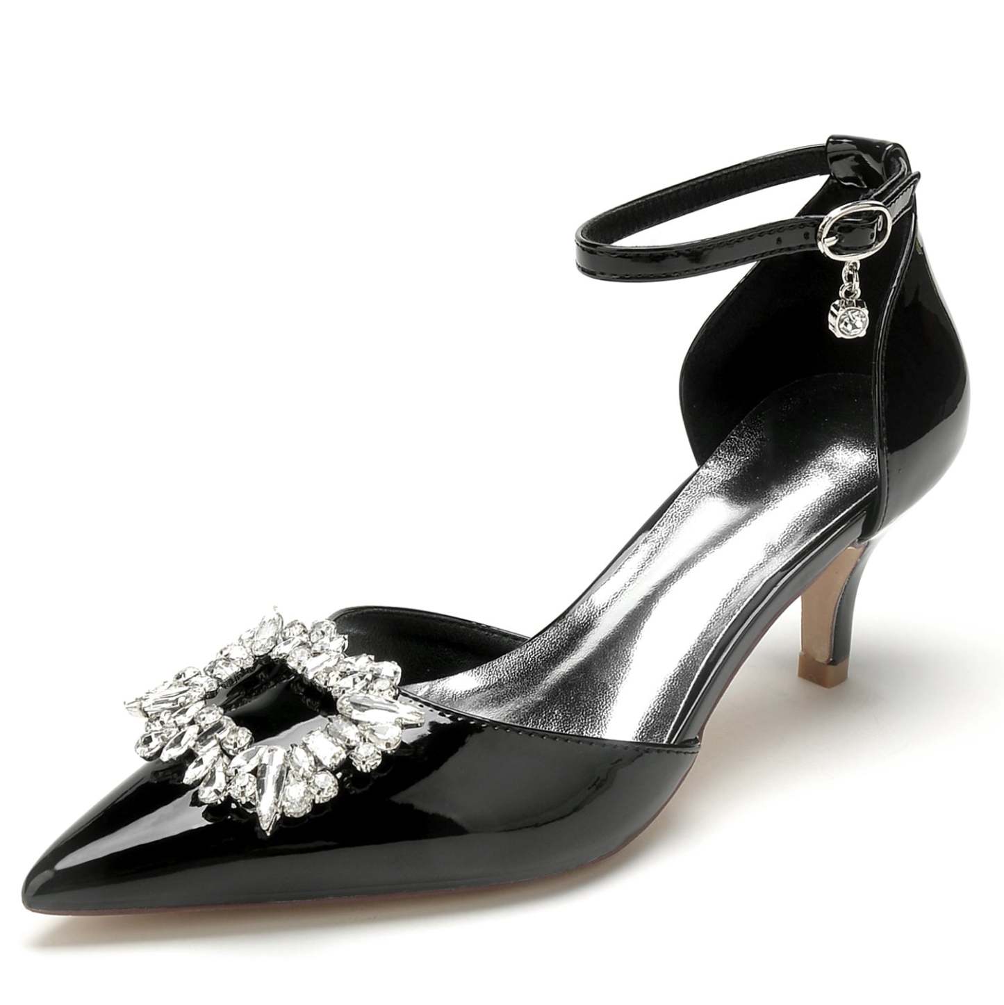 Bridal Shoes for Women with Square Rhinestone Mid Pointed Toe in Patent Leather