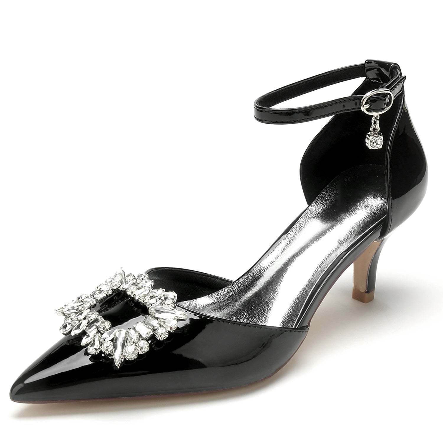 Bridal Shoes for Women with Square Rhinestone Mid Pointed Toe in Patent Leather