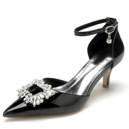 Bridal Shoes for Women with Square Rhinestone Mid Pointed Toe in Patent Leather