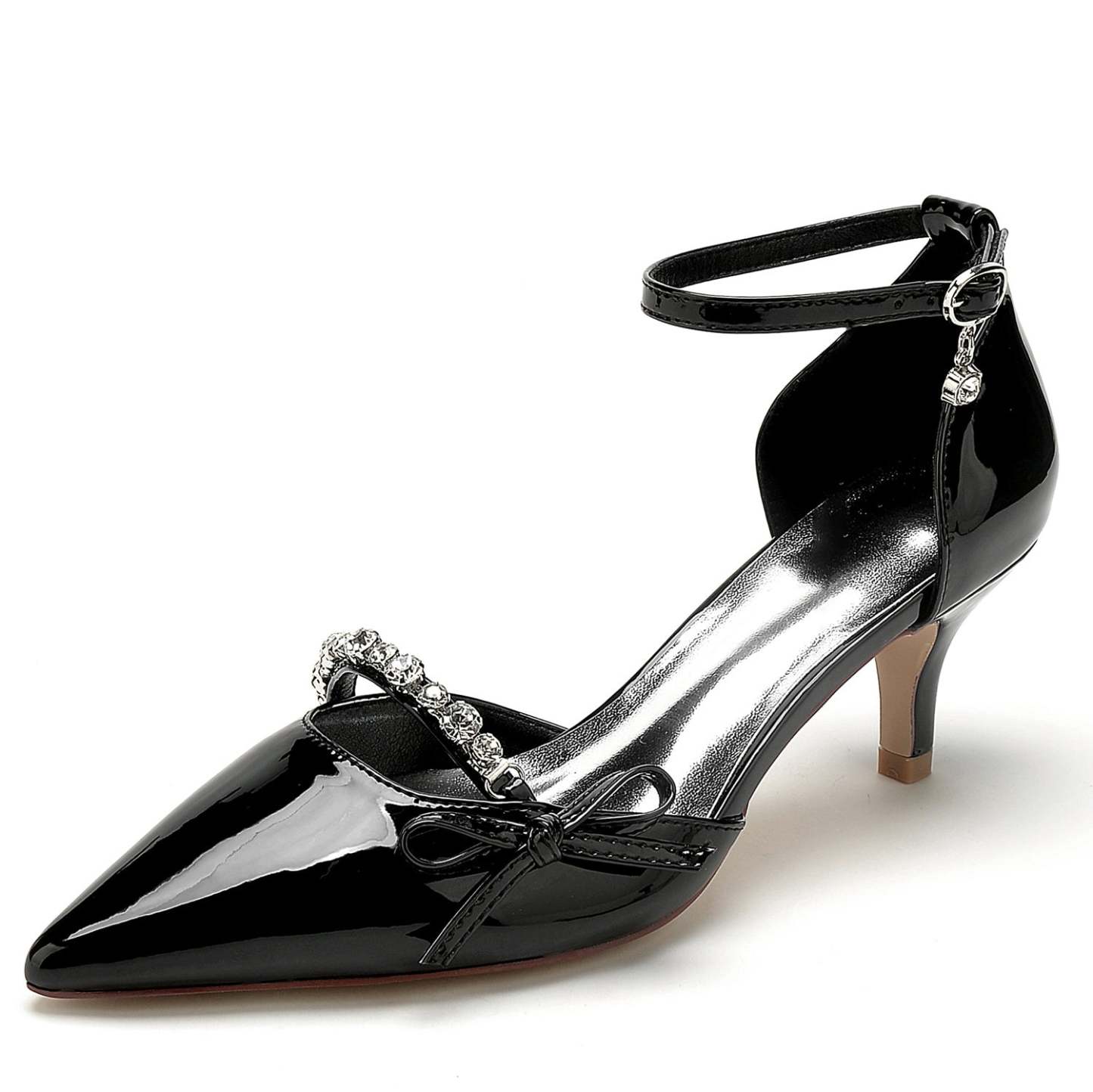 Bridal Shoes for Women with Rhinestone Bow and Pointed Toe in Patent Leather