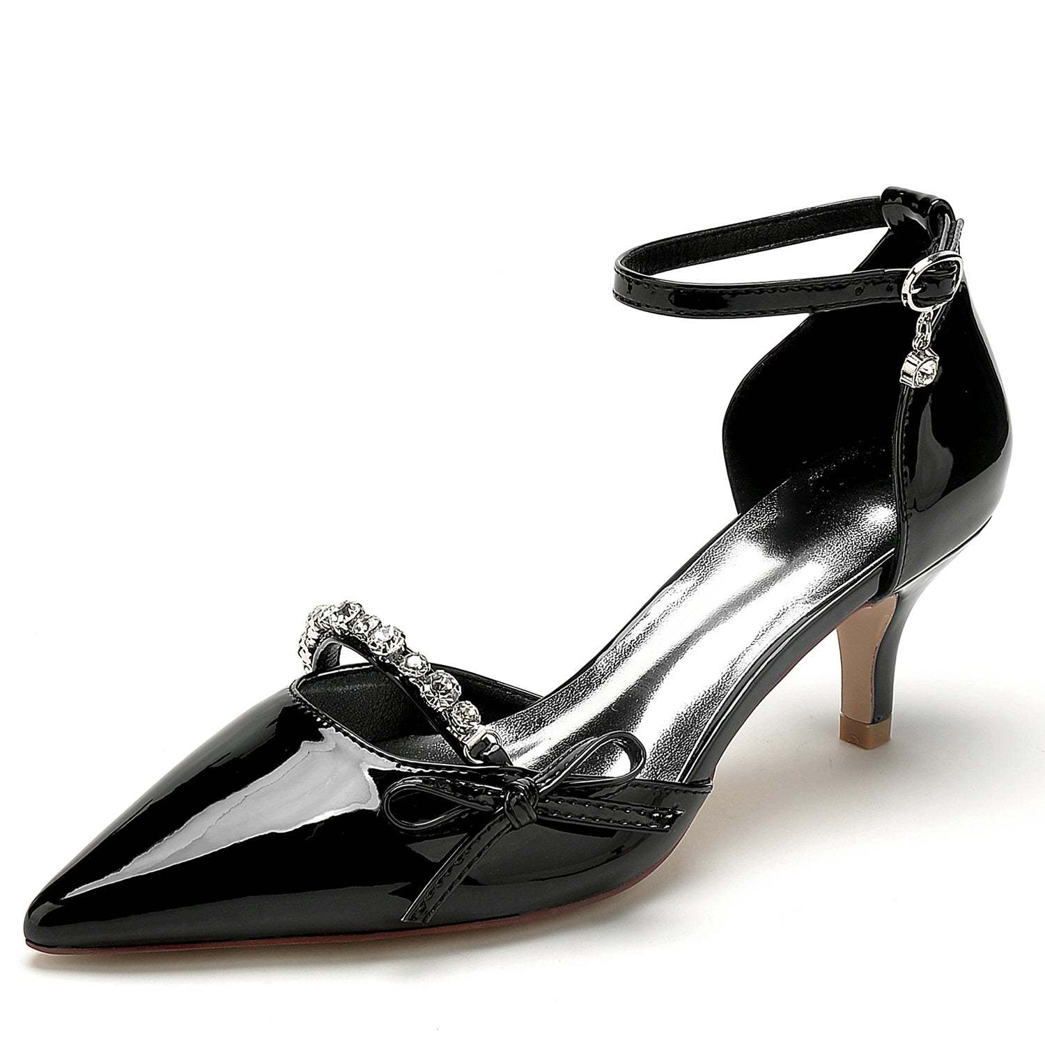 Bridal Shoes for Women with Rhinestone Bow and Pointed Toe in Patent Leather
