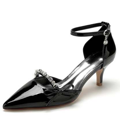 Bridal Shoes for Women with Rhinestone Bow and Pointed Toe in Patent Leather