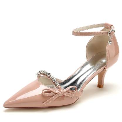 Bridal Shoes for Women with Rhinestone Bow and Pointed Toe in Patent Leather
