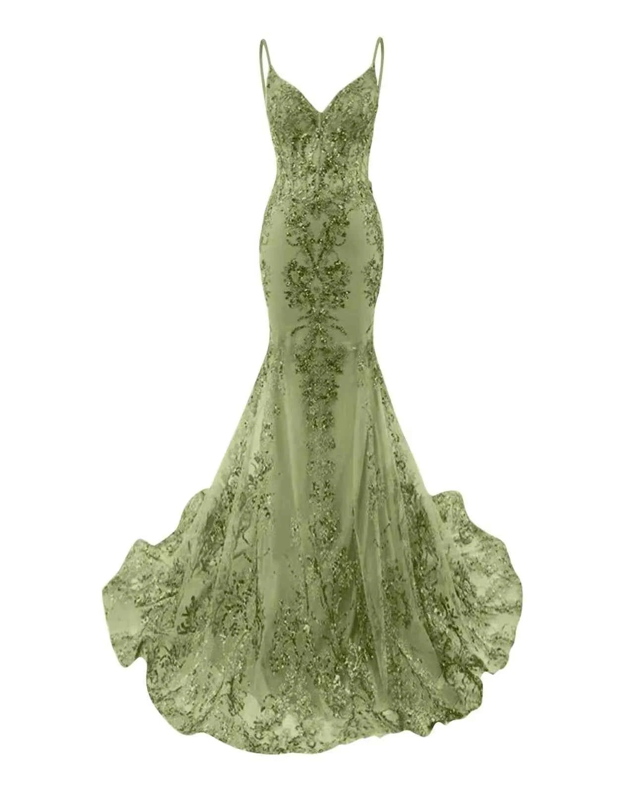 Trumpet/Mermaid Spaghetti Straps Sparkly Sequin Lace Applique Long Prom Dress