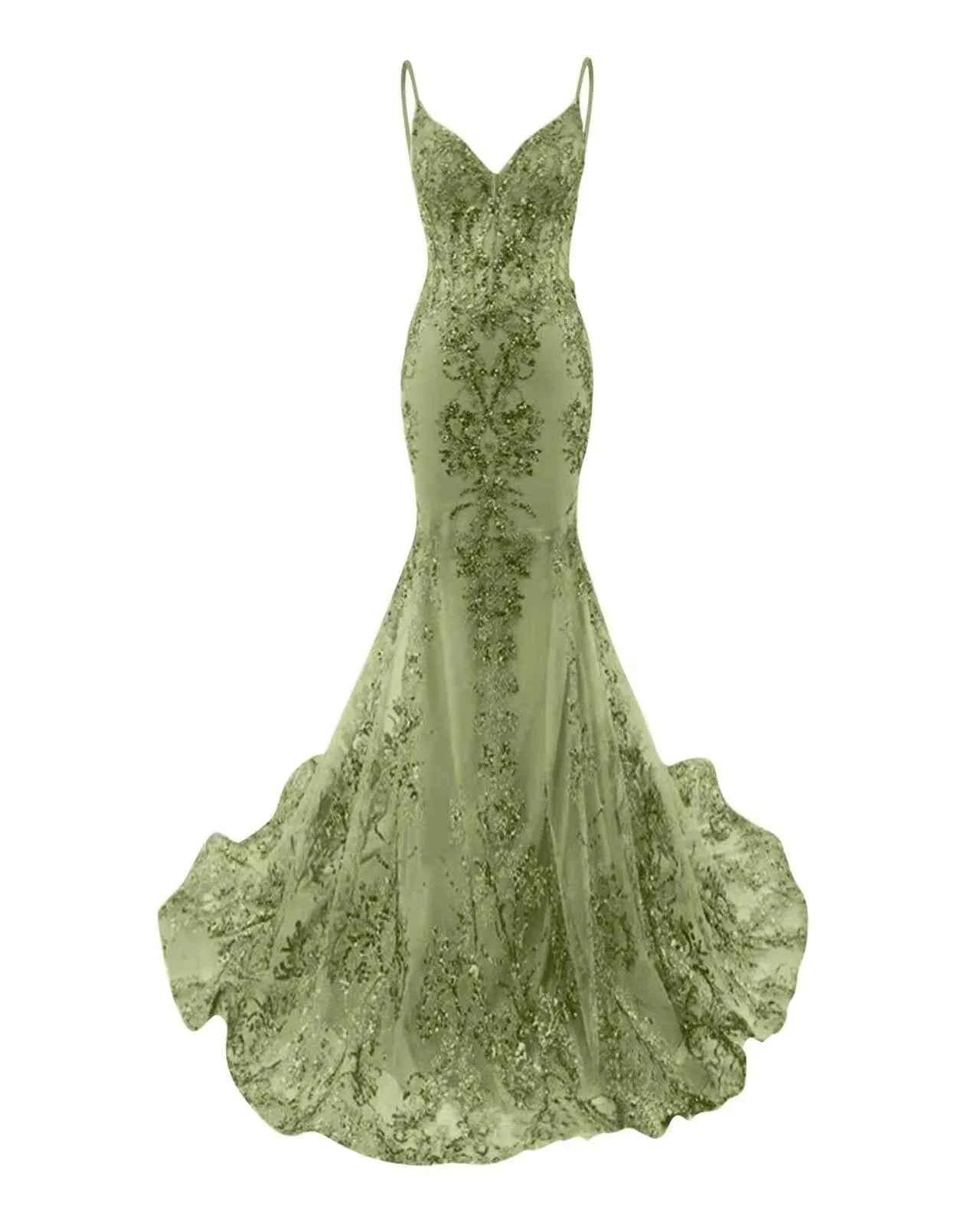 Trumpet/Mermaid Spaghetti Straps Sparkly Sequin Lace Applique Long Prom Dress