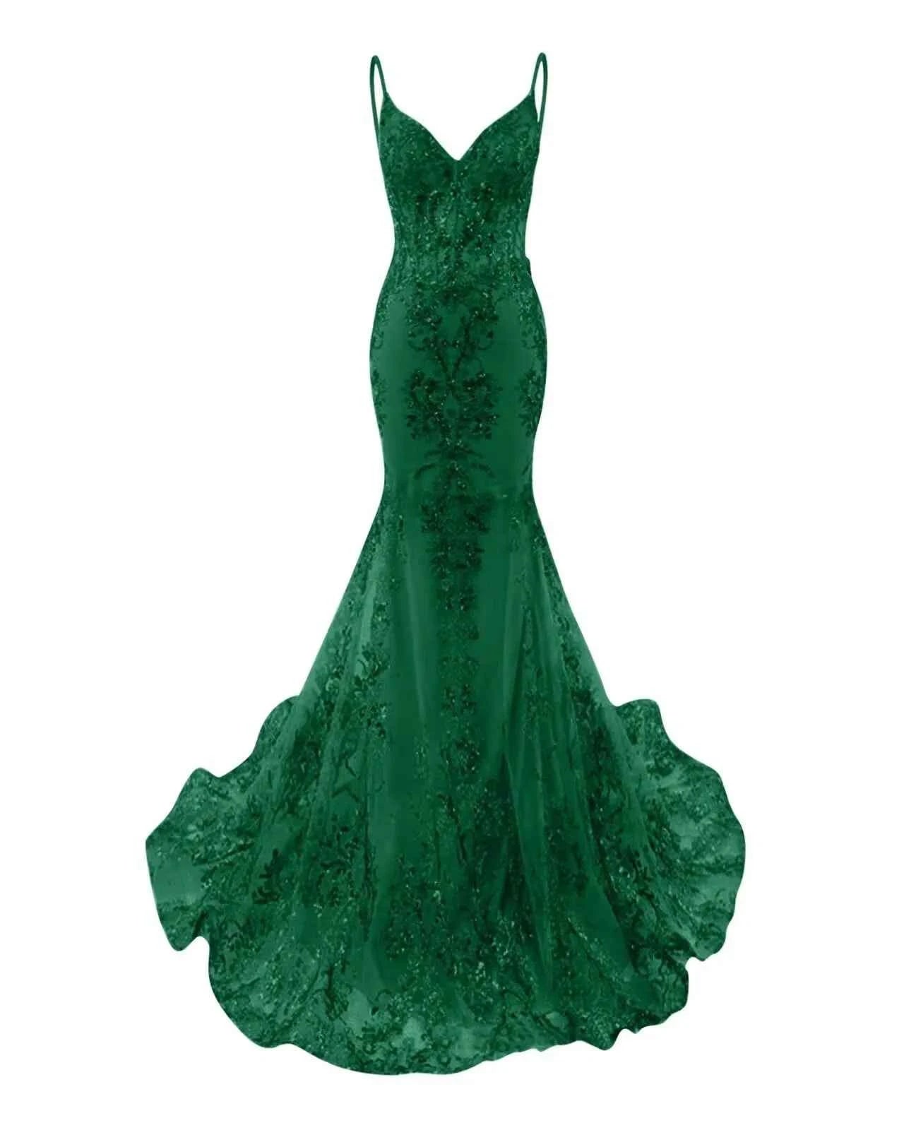 Trumpet/Mermaid Spaghetti Straps Sparkly Sequin Lace Applique Long Prom Dress