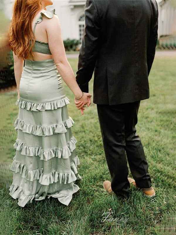 Sage A Line Keyhole Ruffle Long Prom Party Dress with Slit