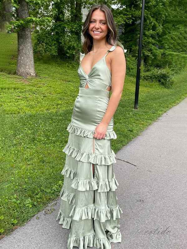 Sage A Line Keyhole Ruffle Long Prom Party Dress with Slit