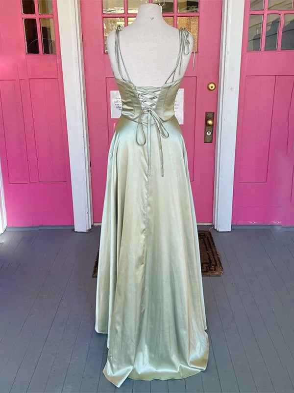 Sage Green A-line Spaghetti Straps Long Prom Formal Dress with Cowl Neck