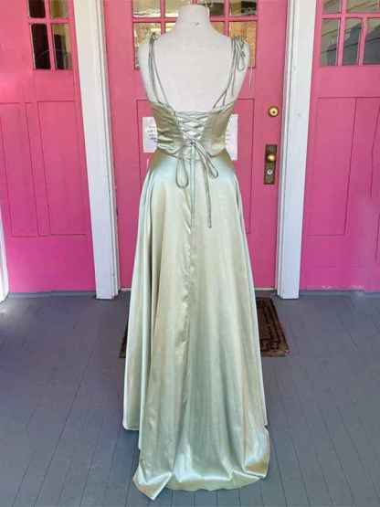 Sage Green A-line Spaghetti Straps Long Prom Formal Dress with Cowl Neck