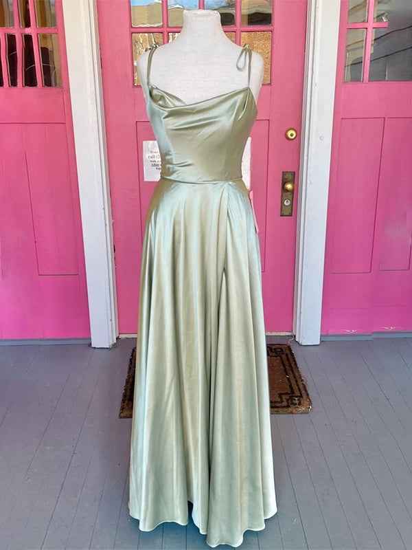 Sage Green A-line Spaghetti Straps Long Prom Formal Dress with Cowl Neck