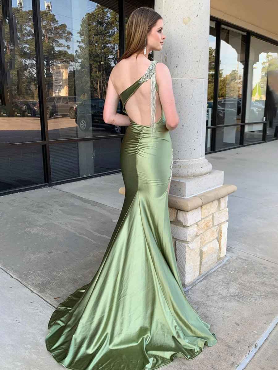 Sage Mermaid One Shoulder Beaded Long Satin Prom Dress with Slit