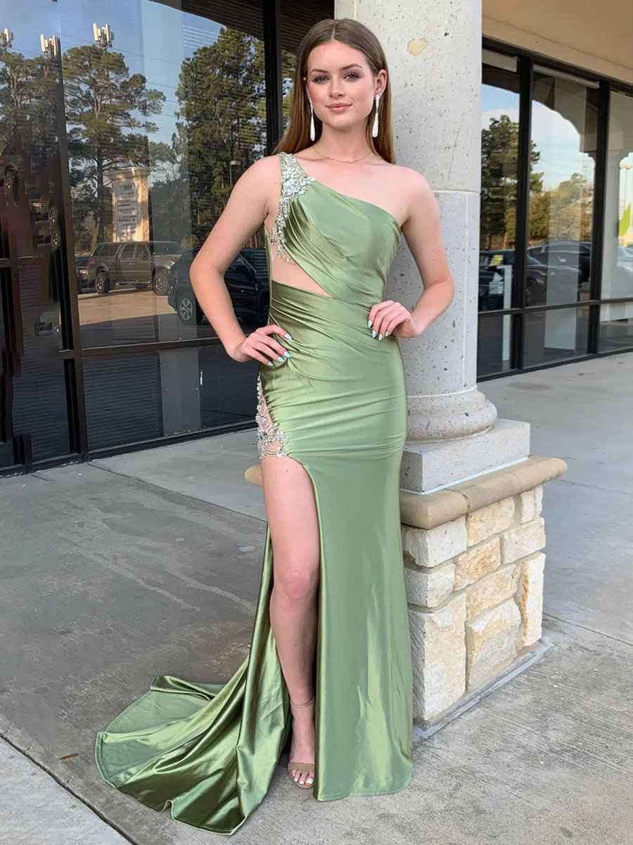 Sage Mermaid One Shoulder Beaded Long Satin Prom Dress with Slit
