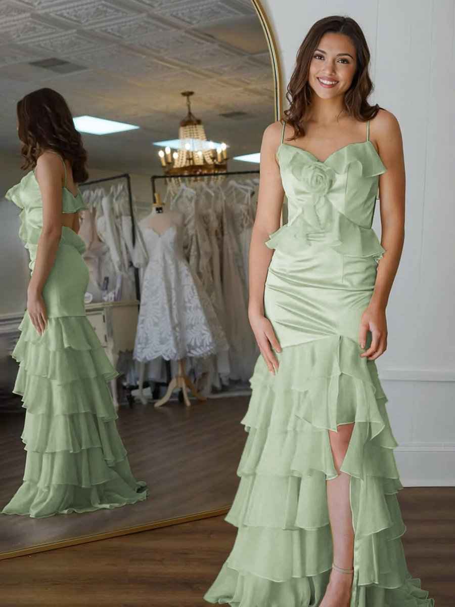 Yellow Mermaid Ruffle Chiffon Long Prom Dress with Flower