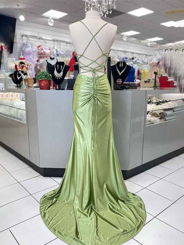 Yellow Mermaid Scoop Neck Satin Long Prom Dress with Slit