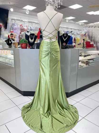 Yellow Mermaid Scoop Neck Satin Long Prom Dress with Slit