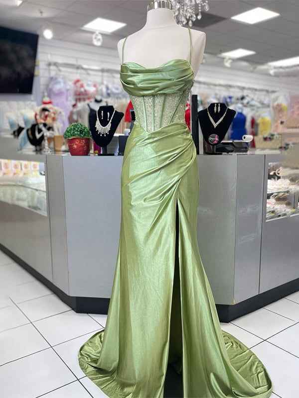 Yellow Mermaid Scoop Neck Satin Long Prom Dress with Slit
